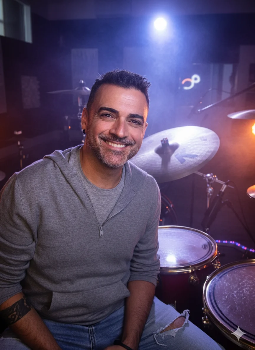 Toni Mateos, músico profesional y fundador de Figurantes BCN, junto a su batería.